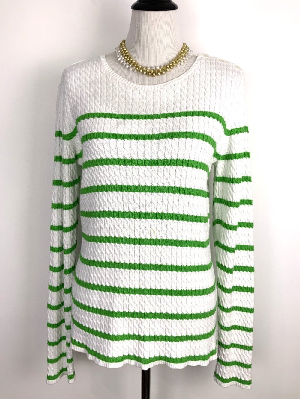 Lilly Pulitzer Cotton Cable Knit Sweater White Green Stripes Sz XL